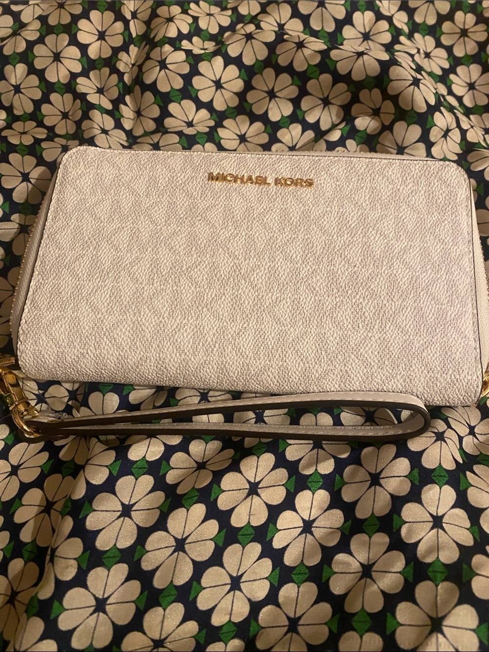 Michael Kors Cream Leather Wristlet with Gold-Tone Logo